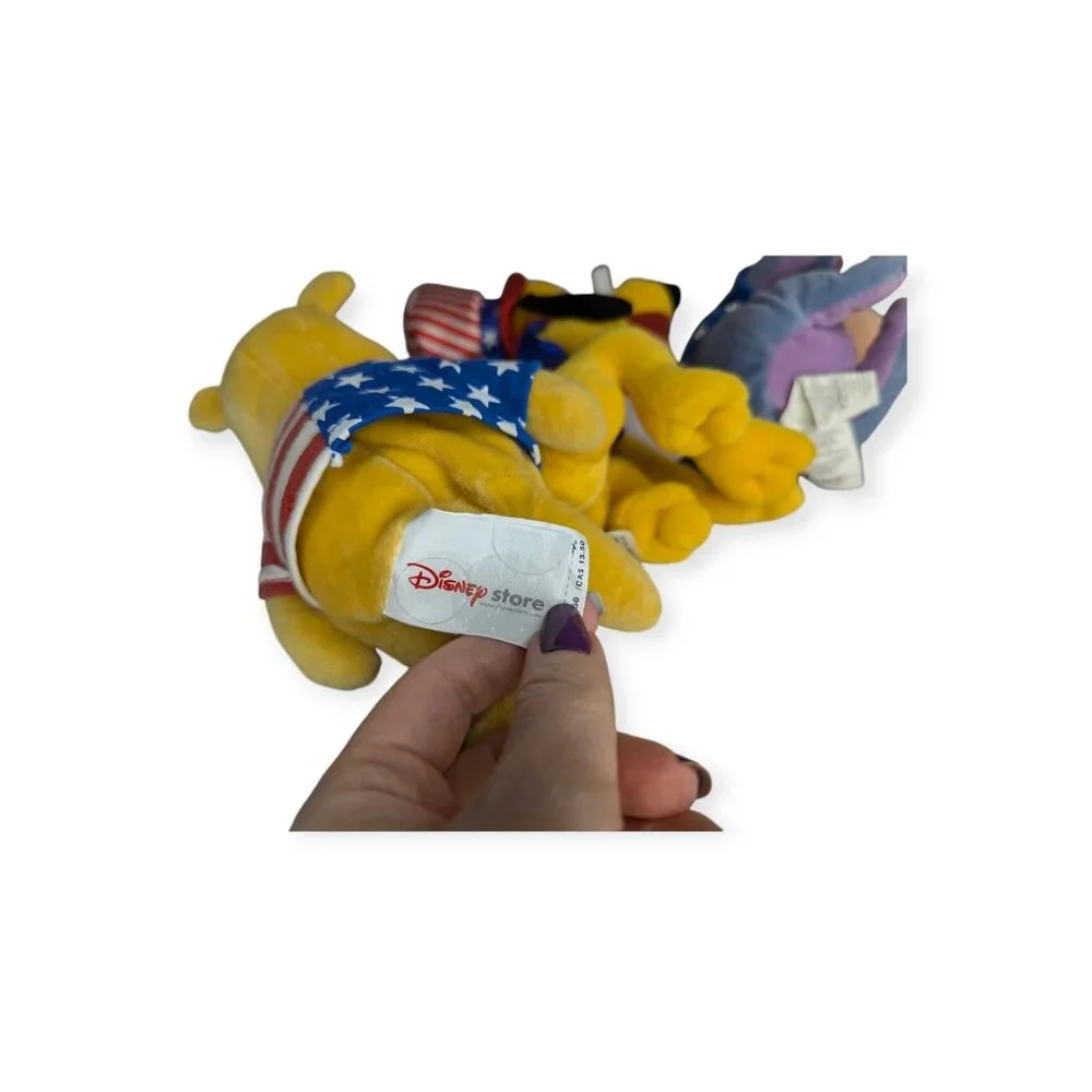 Vintage Disney Store Patriotic Beanie Plush Characters Pluto, Pooh & Eeyore